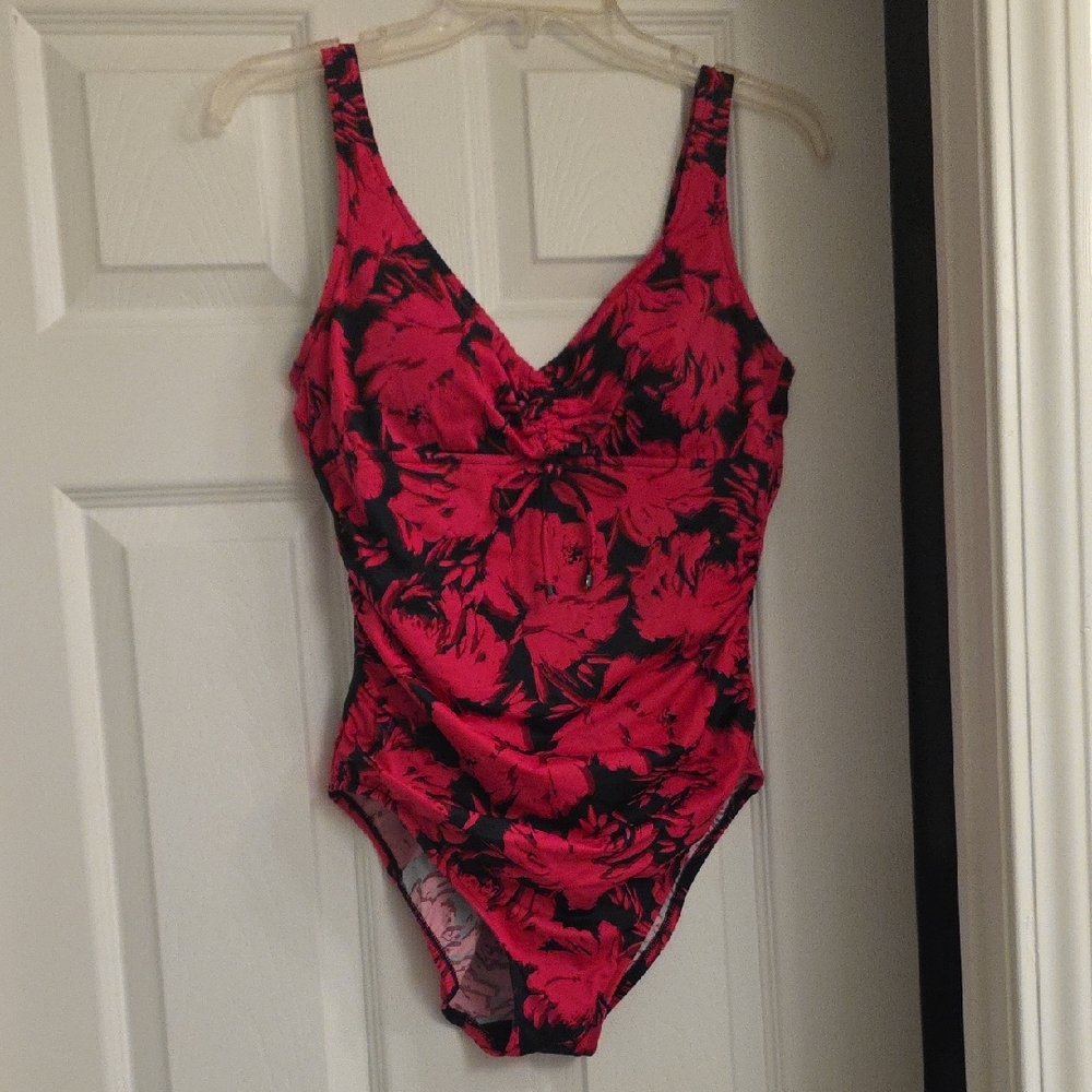 Aqua Green Floral Pink and Black Kids One Piece Swimsuit Large